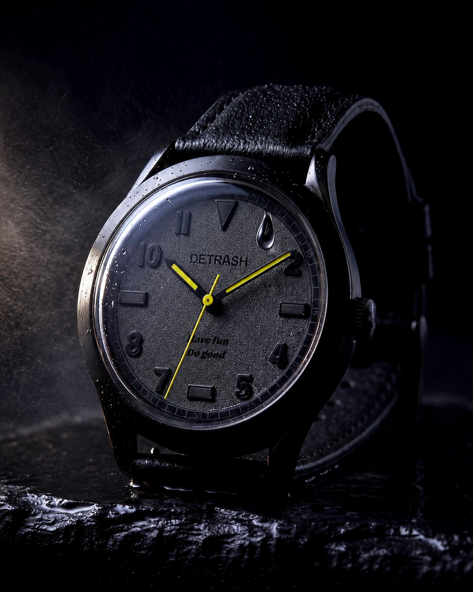 DETRASH Dark Night watch in a rain-soaked cinematic product shot